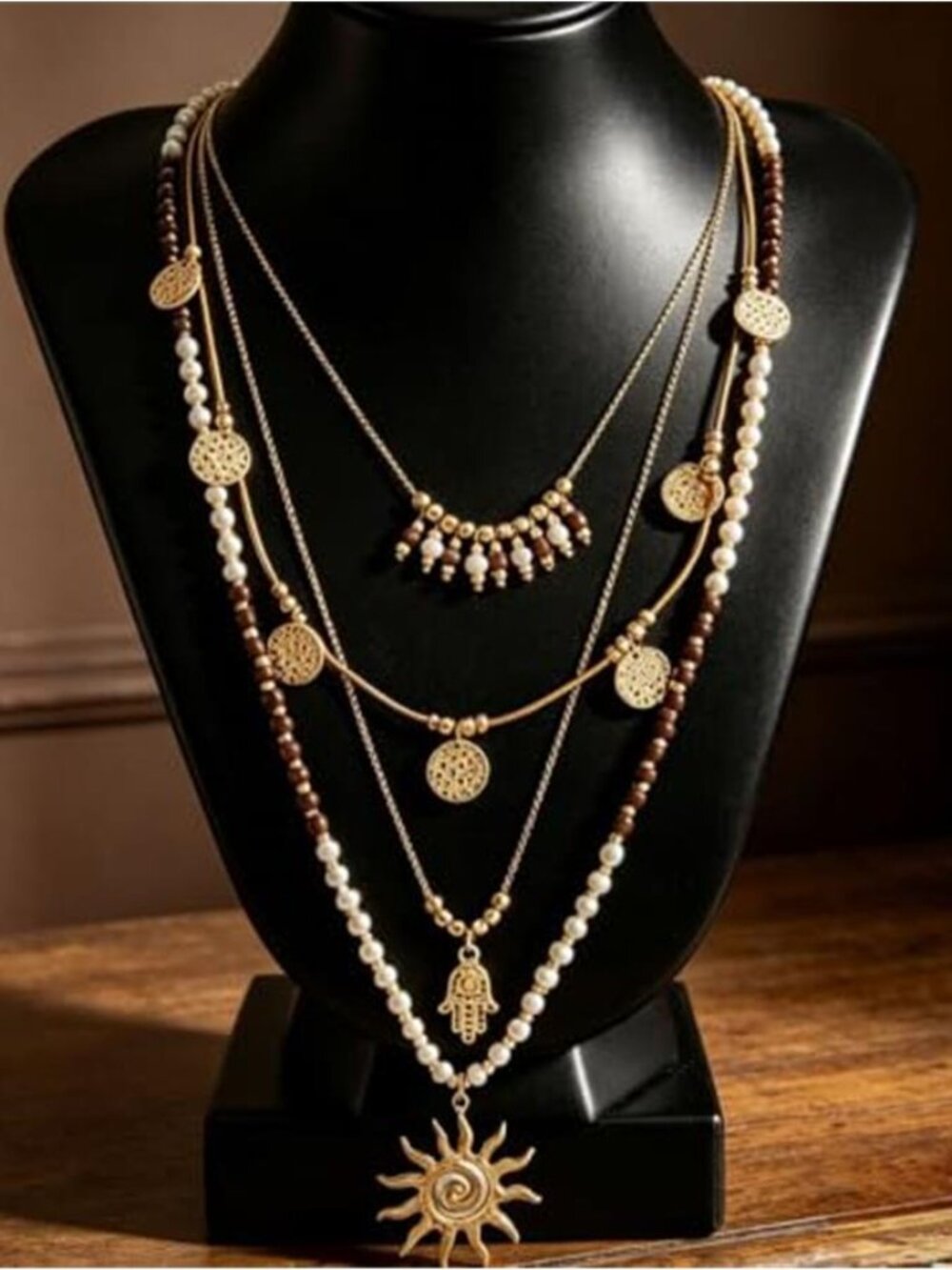 Boho Layered Beaded Necklace Sun Pendant Tassel Long Statement Jewelry - Picture 6 of 8